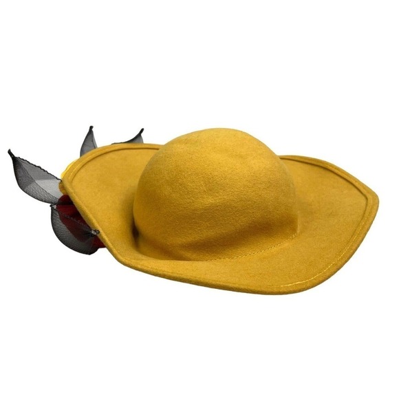 Floral Mustard Wool Felt Hat Women's Wide Brim Ribbon Flower Detailing Size 21in - Picture 4 of 7